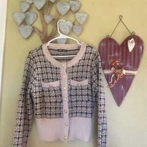 Black and Cream Cardigan Sweater gold accent buttons